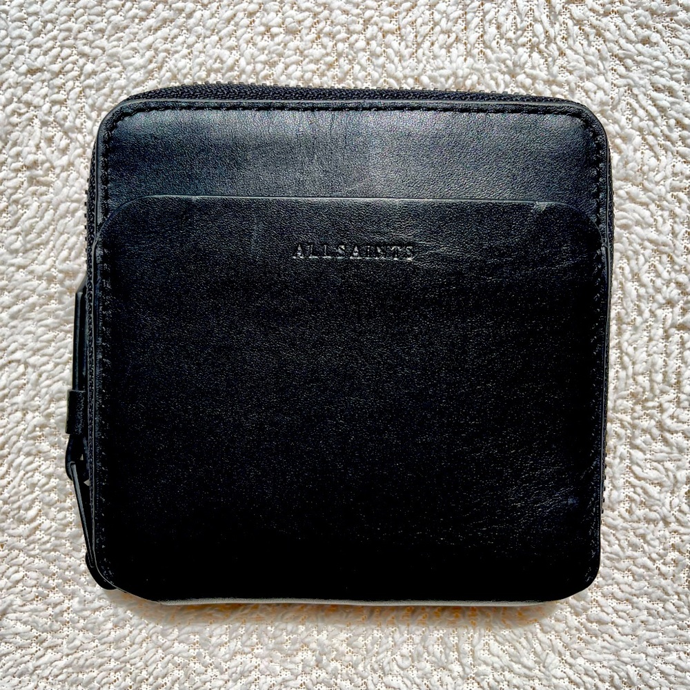 AllSaints Clymer zip around leather wallet in black